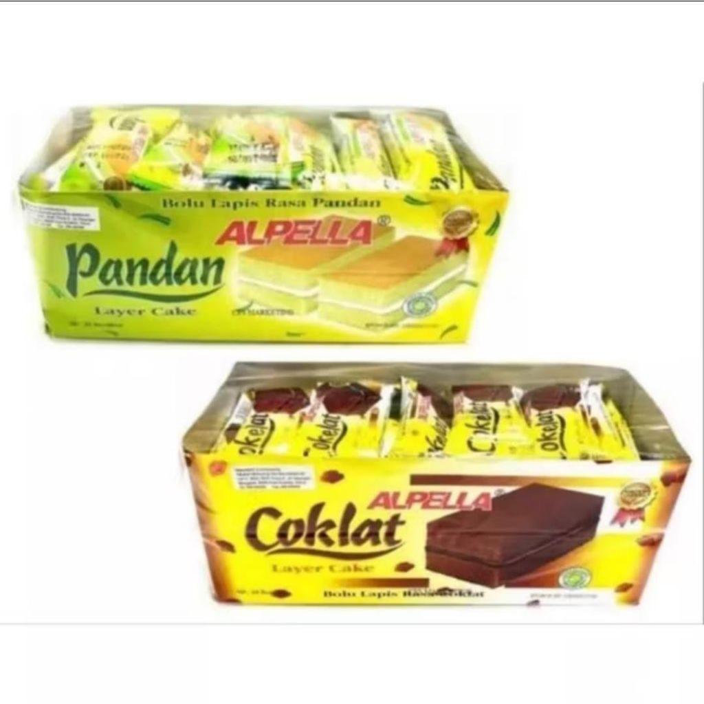 

(ALPELLA )CAKE BOLU PANDAN DAN COKLAT 1BOX ISI (24 PCS) HALAL