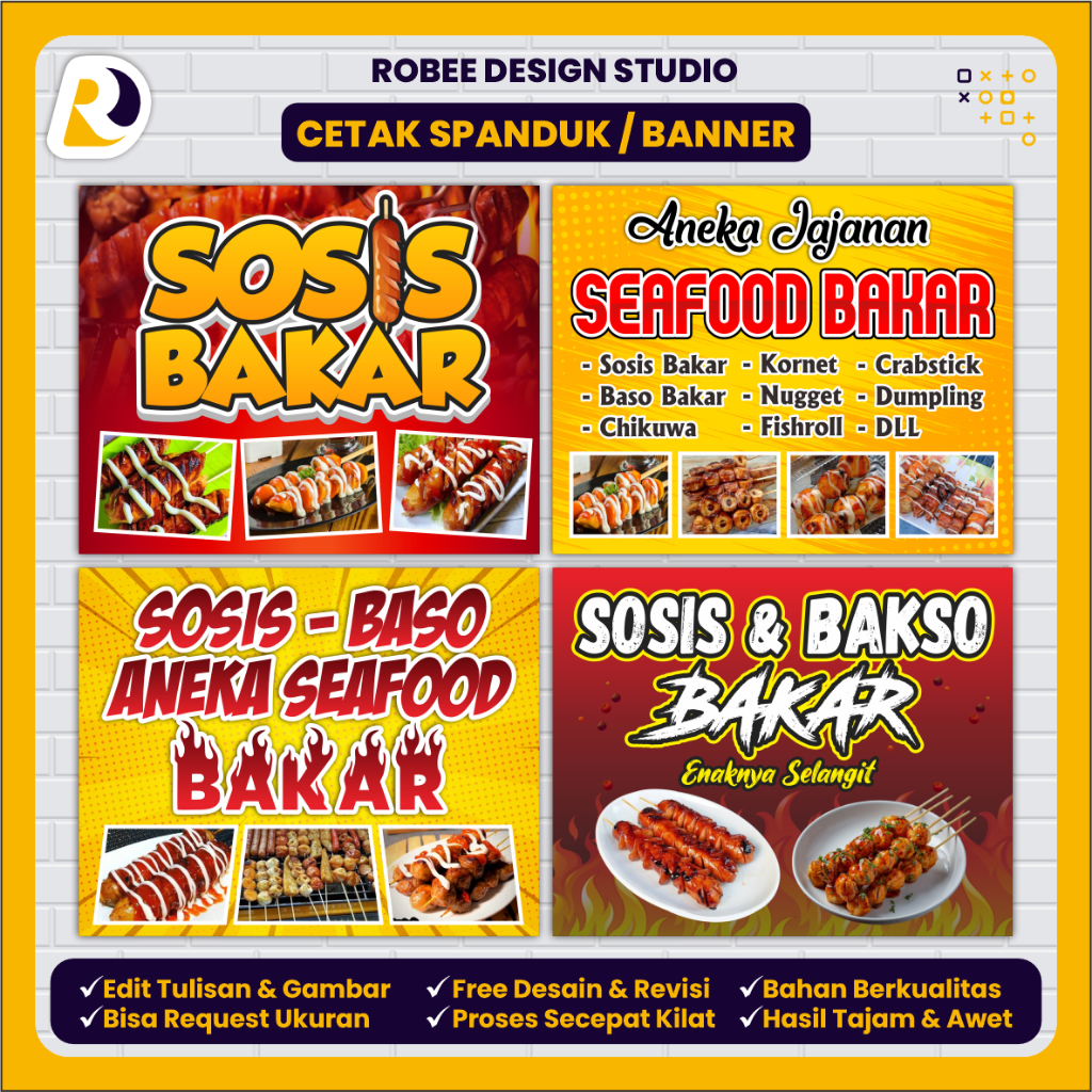 Spanduk Banner Sosis Aneka Sate Seafood Bakar / Sosis Bakso Bakar / Aneka Sate Seafood