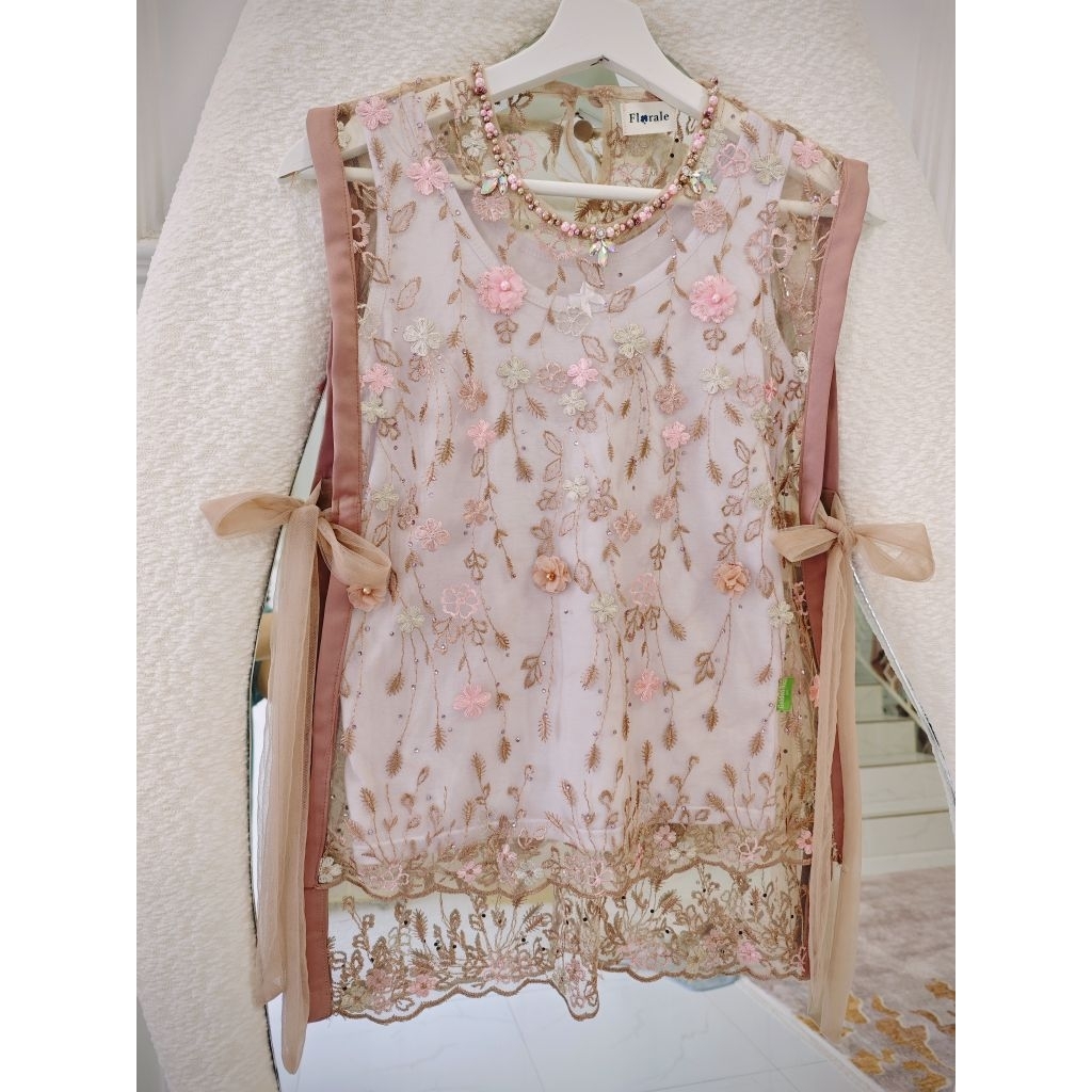 READY Siap Kirim 100% Realpict Clover Outer Brokat Tile Bordir Bunga Timbul 3d Payet | Outer Kondang