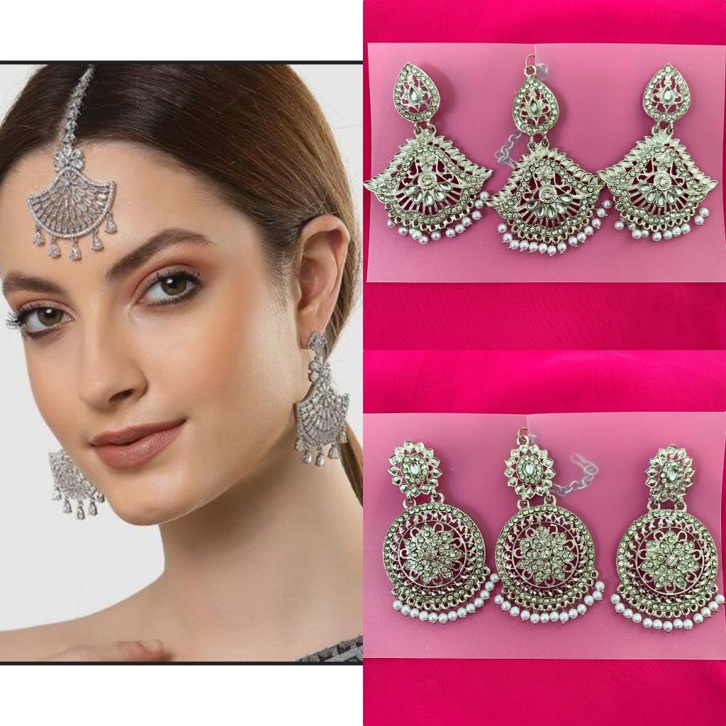 set anting tikka india Silver/set anting/anting india/hiasan kening india/hiasan kepala india