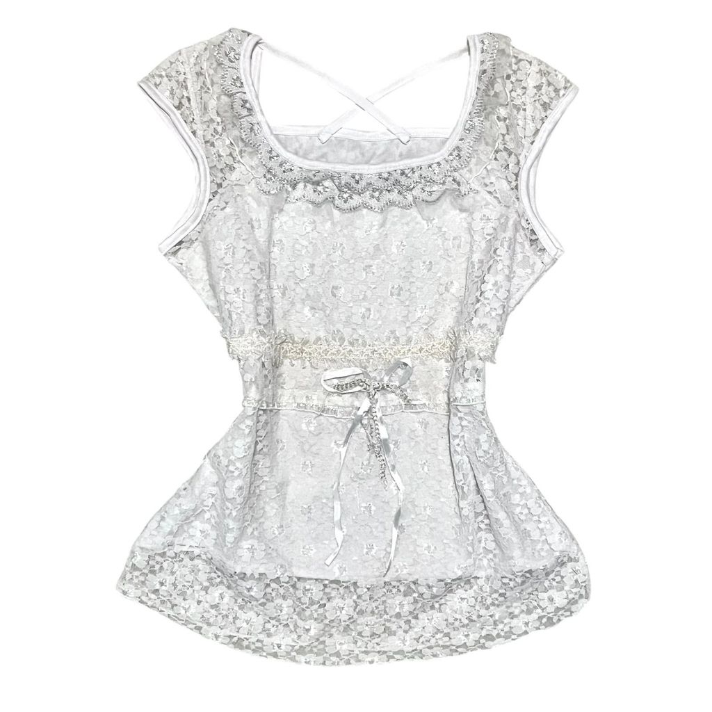 Vintage Lace Ribbon Bohemian Fairycore Milkmaid White Top | retro boho front tie pita ikat bow tali 