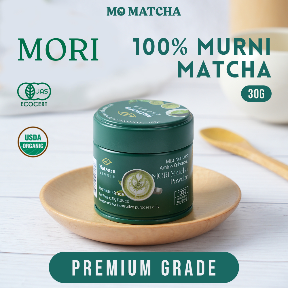 

Ceremonial Matcha Powder - Mori Premium Grade - Matcha Bubuk Priginal - Natsora Pure Matcha Organik Gunung Ting - Kemasan Box & Tin