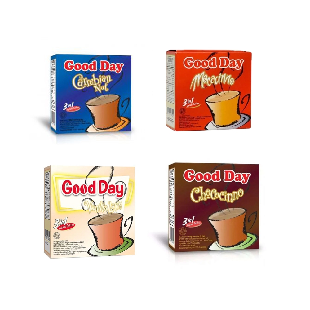 

GOOD DAY ALL VARIAN MOCACINNO/VANILLA LATTE/CAREBIAN NUT/CHOCOCINNO COFFEE INSTANT - 1 BOX 5 SACHET