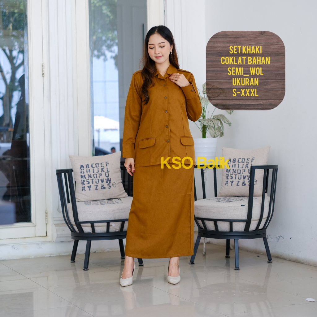 KSO BATIK KHAKI WANITA KERAH REBAH SAKU BAWAH MODEL ROK SPAN TERBARU BAHAN SEMIWOOL / BAJU PEMDA / B