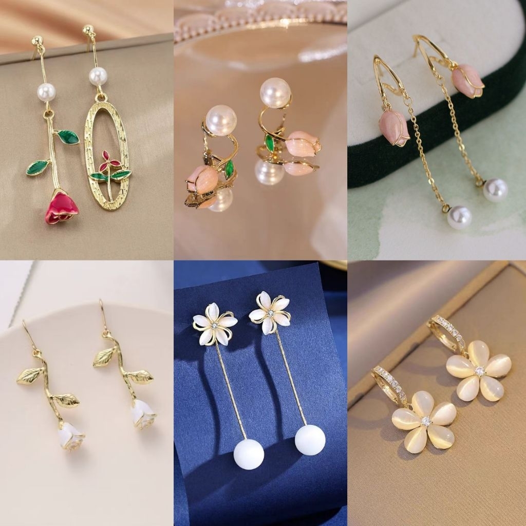 Anting Wanita S925 Model Bunga Floral Flower Murah Meriah Anting Gold Panjang Pendek