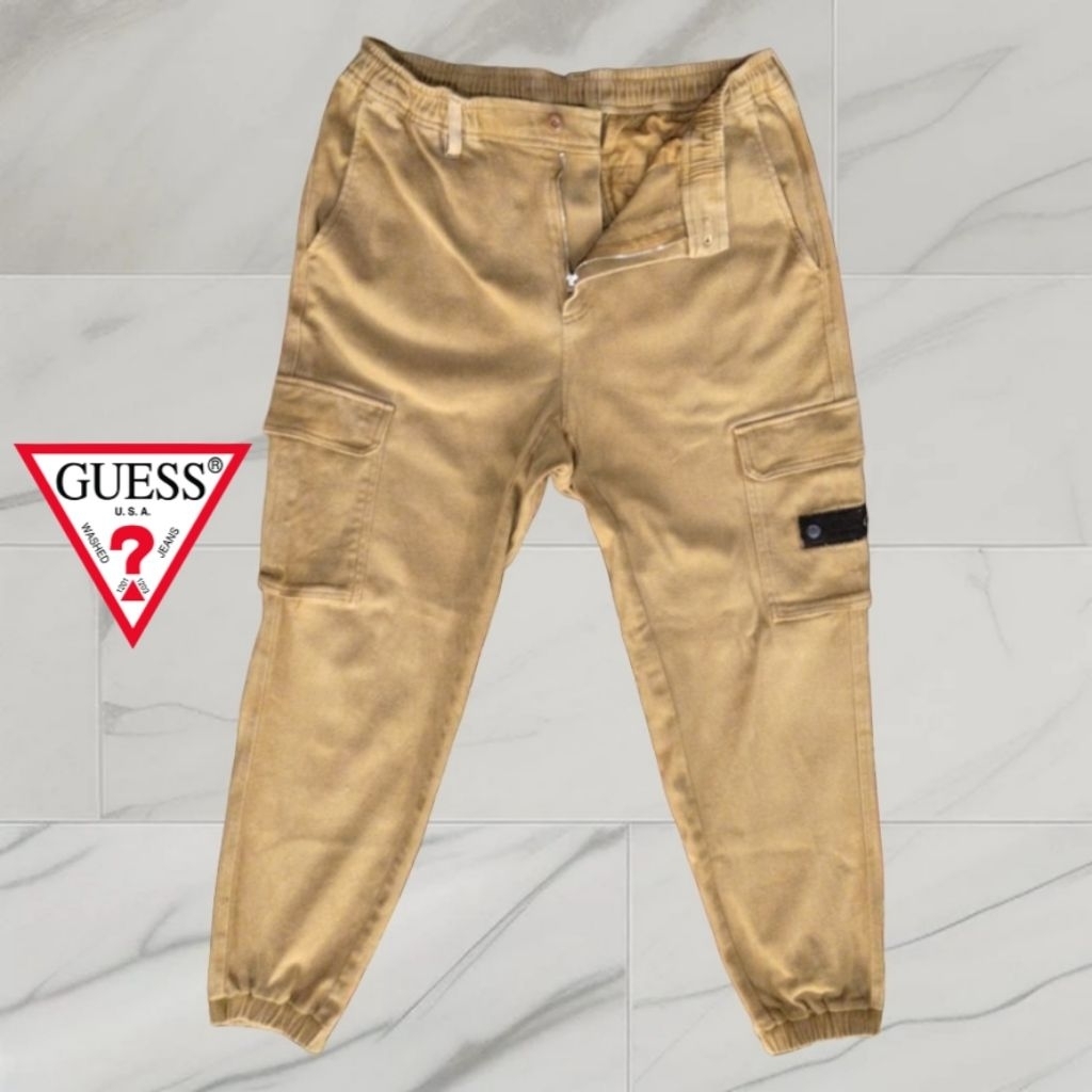 preloved GUESS original celana panjang jogger cargo pria canvas jeans beige