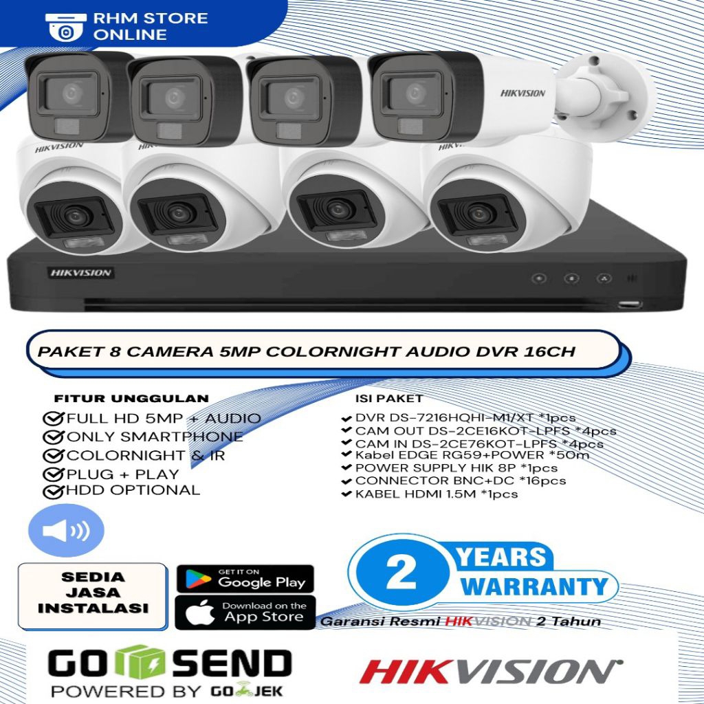 PAKET CCTV HIKVISION 8 CAMERA DVR 16CHANNEL 5MP COLORVU+AUDIO