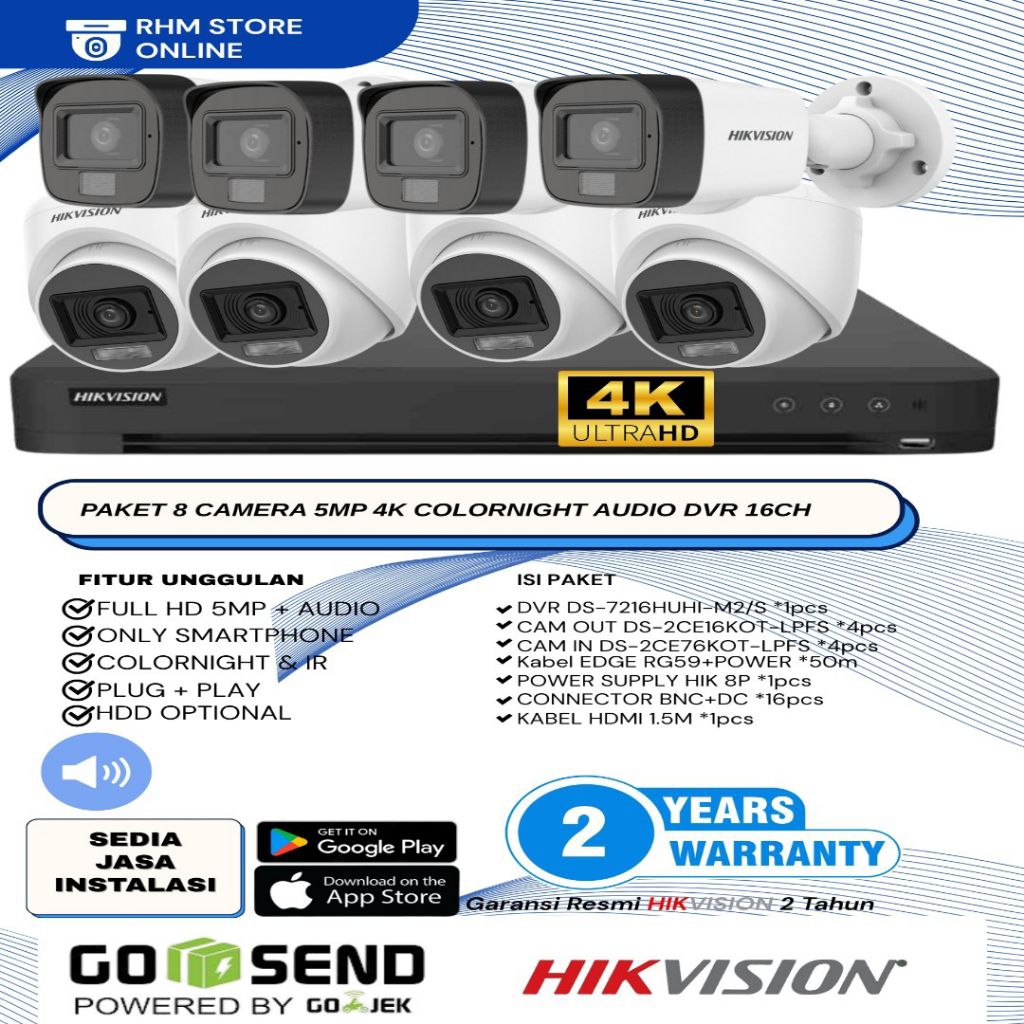 PAKET CCTV HIKVISION 8 CAMERA DVR 16 CHANNEL 5MP 4K COLORVU+AUDIO