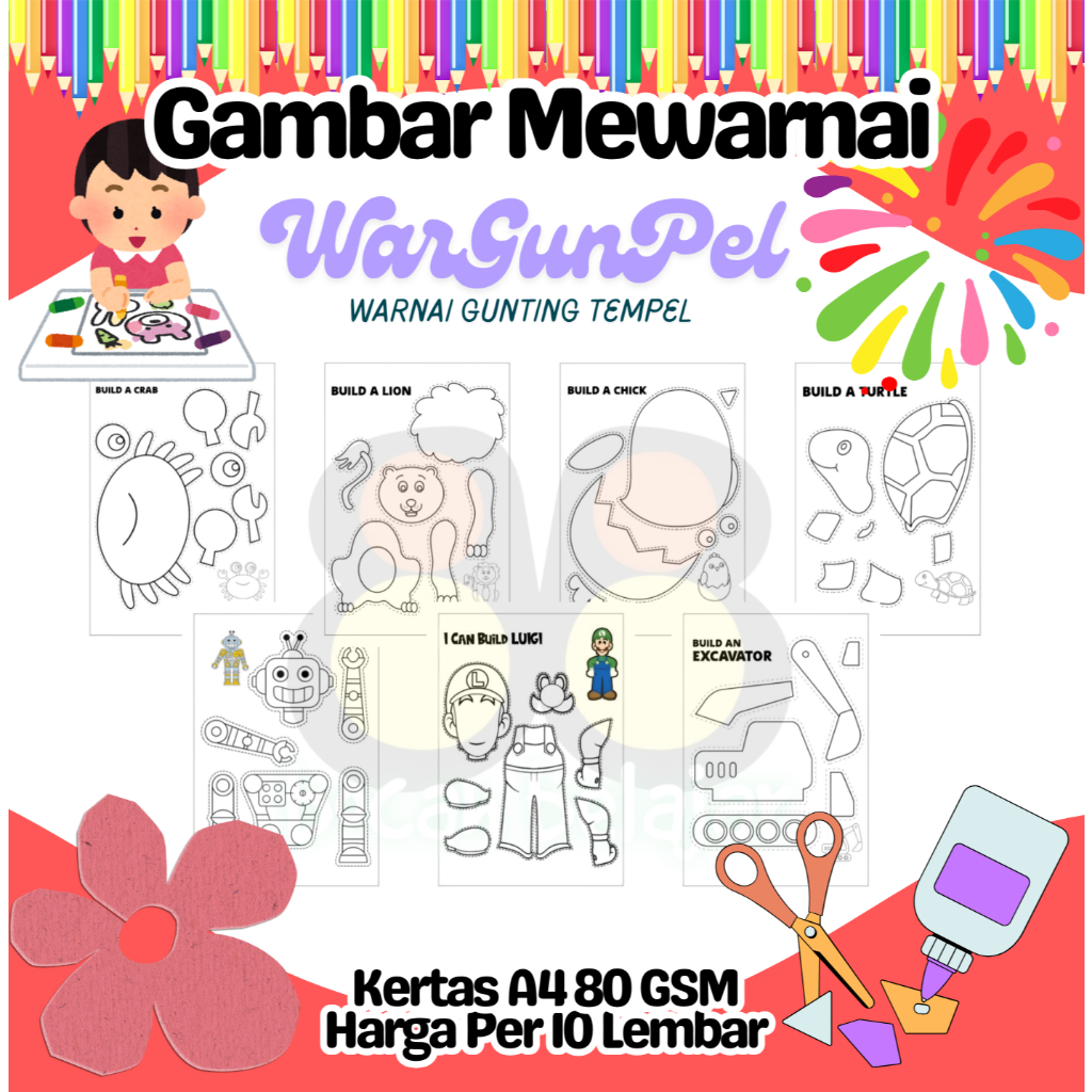 

10 Lembar Kertas Gambar Ukuran A4 Mewarnai Gunting Tempel Termurah - Anak Anak TK SD PAUD Remaja