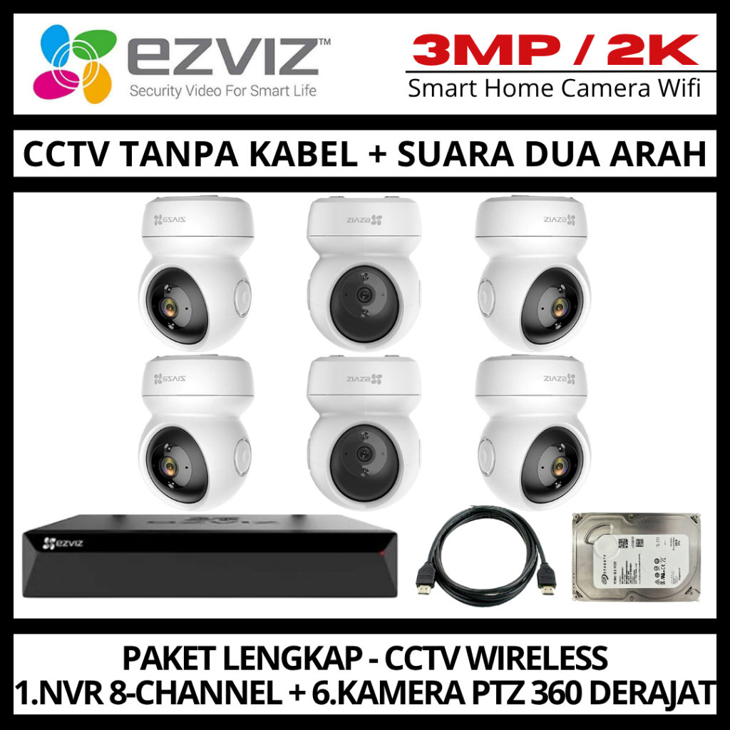 Paket CCTV EZVIZ 3MP 8 Channel 6 Kamera CCTV WIFI Camera Wireless Kamera Wifi