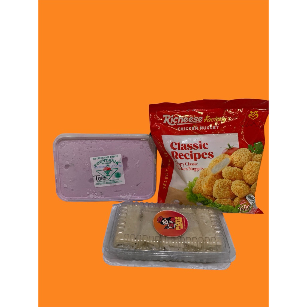

Paket Nugget Richesse Factory 250 gr +Ice Fountania 1000ML+lumpia udang isi 10