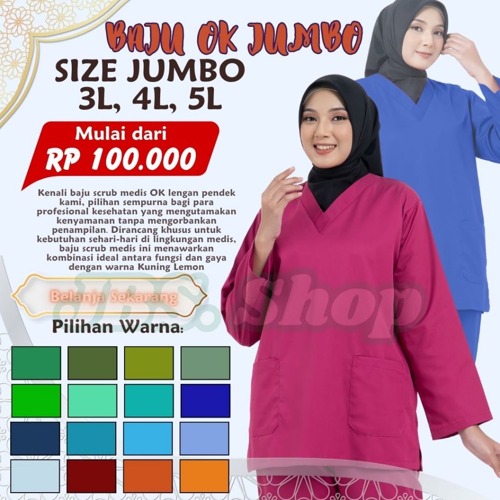 Scrub Medis Jumbo - Baju OK Lengan Panjang Perawat Dokter Praktek RS dan Klinik Semua Warna