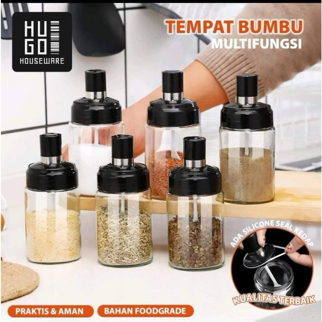 Botol bumbu kaca+sendok/ botol bening dapur/ botol bumbu/wadah bumbu/wadah bumbu kaca