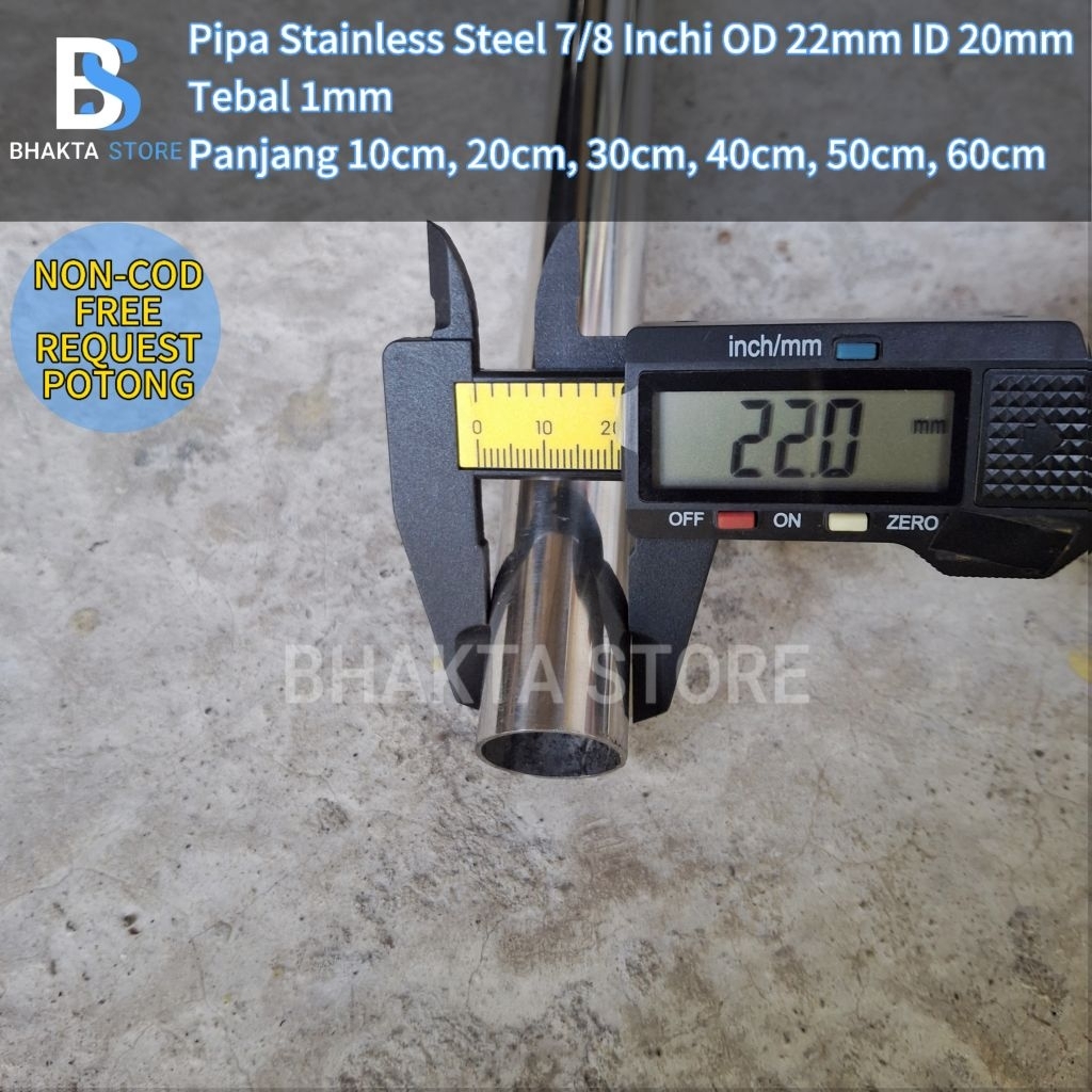 Pipa Stainless Steel 7/8 Inchi OD 22mm ID 20mm Tebal 1mm Panjang 10cm 20cm 30cm 40cm 50cm 60cm