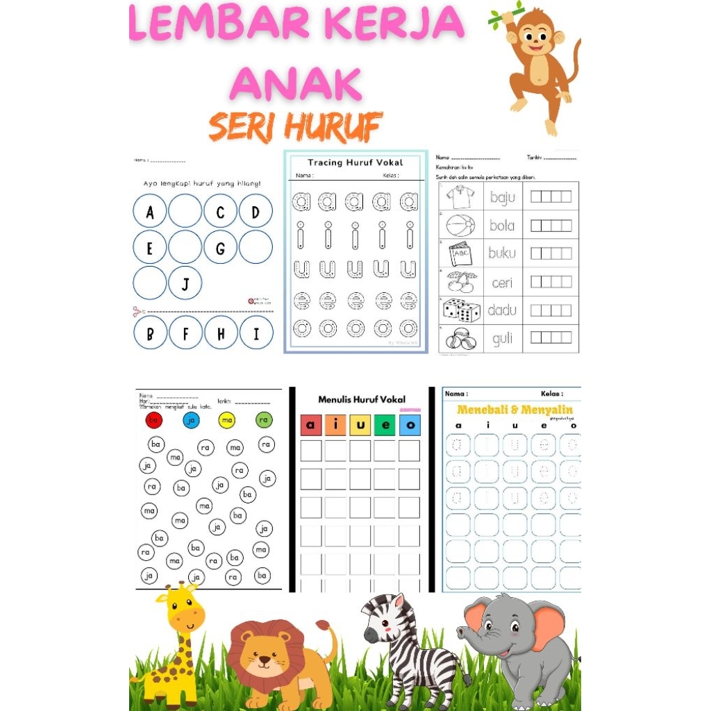 

Lembar Kerja anak Seri Huruf Paud/ Tk/ Sd, 12 lembar