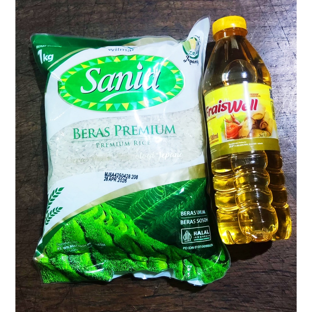 

(GROSIR / Beli Banyak Lebih Hemat) Paket Sembako Beras 1 kg [Sania REPACK KILOAN Lahap Mentari Melon] dan Minyak Goreng [Fraiswell 500ml]