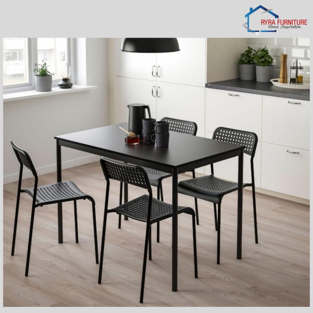 MEJA MAKAN SET 4 HITAM KURSI PLAT BESI/MEJA MAKAN BAHAN BESI