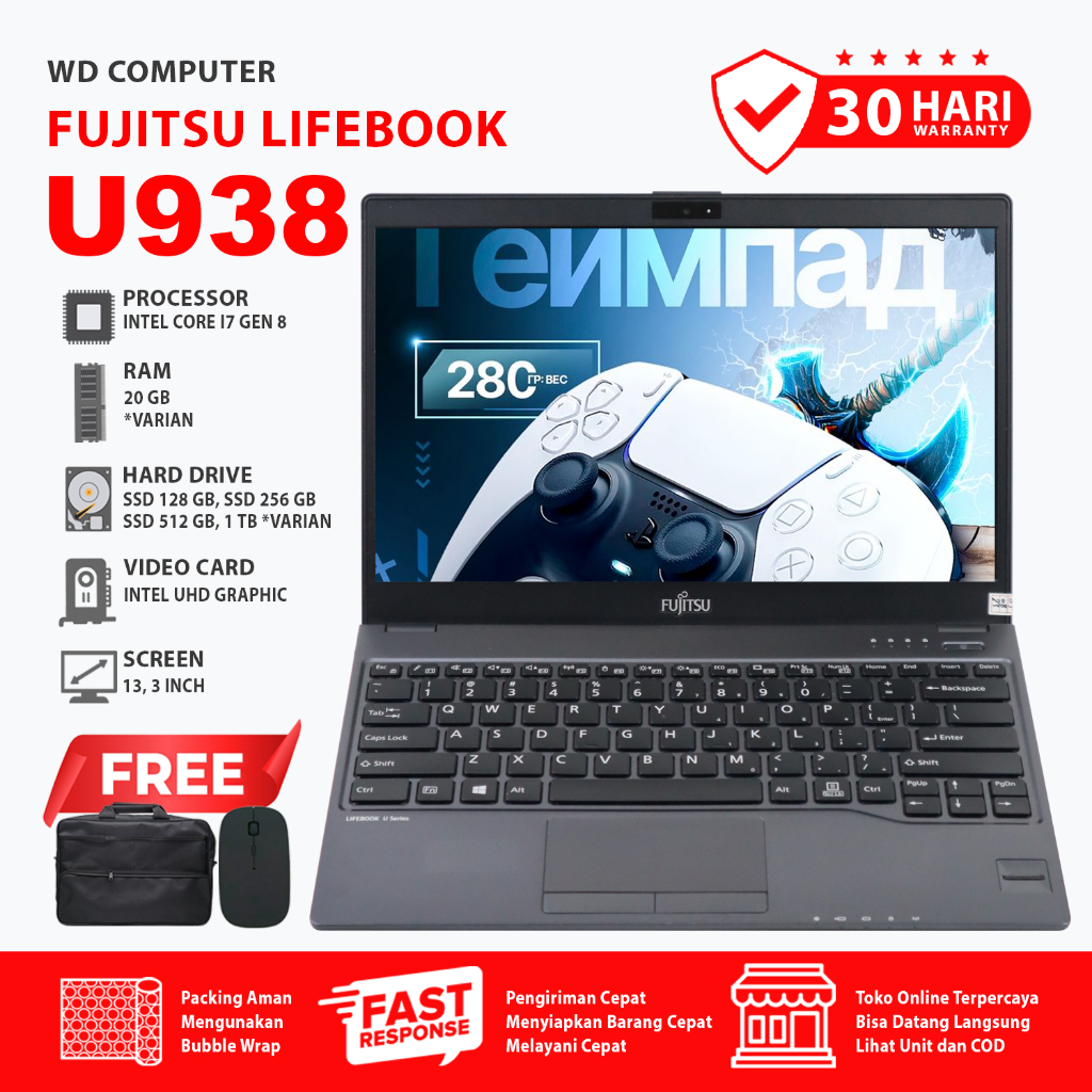 Laptop Ultrabook Fujitsu Ultrabook U938 Intel Core I7 Gen 8 Layar 13inch Tipis Ringan Tas Mouse