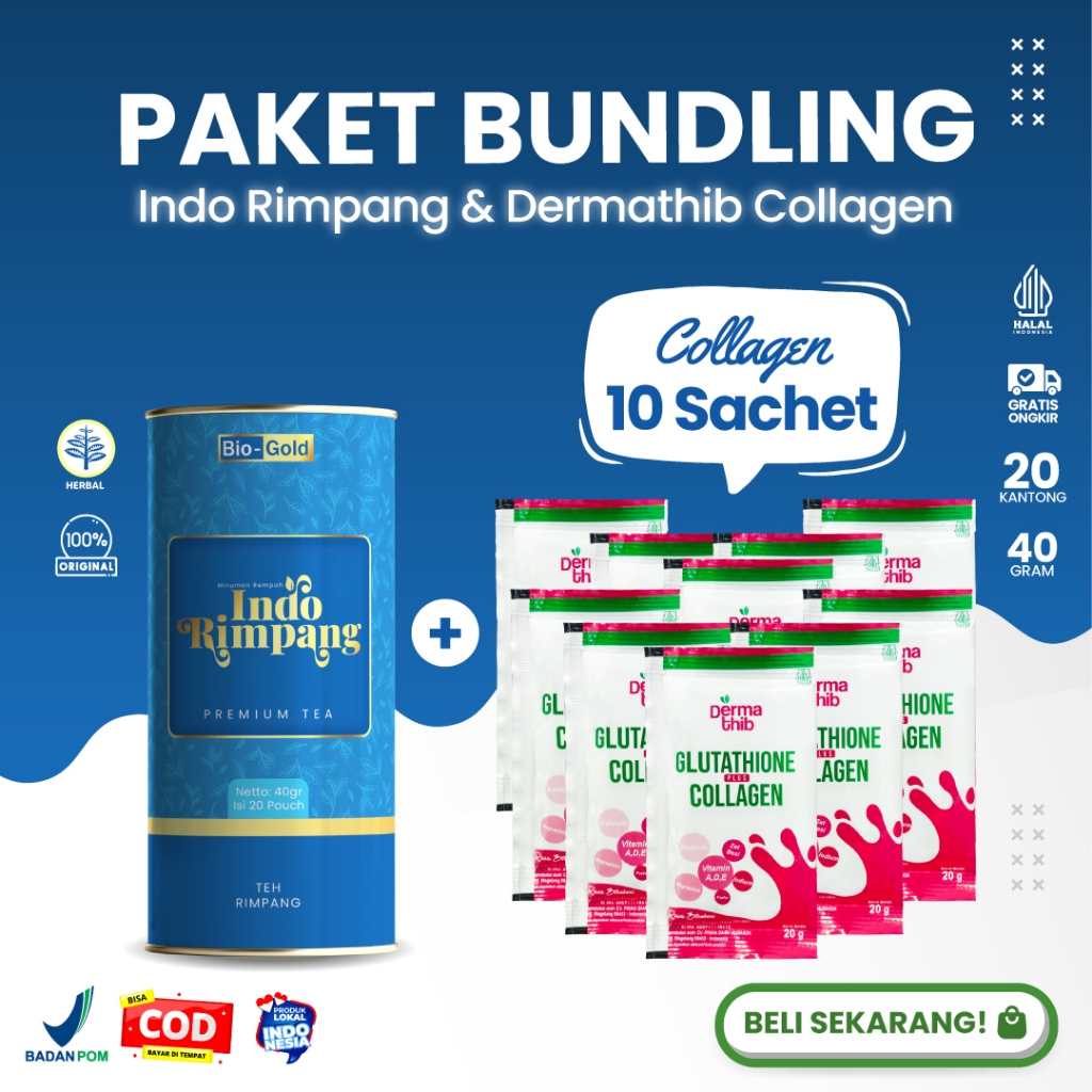 

Paket Bundling Teh Celup Indo Rimpang + Collagen Dermathib 10 Sachet | Perawatan Kulit & Bantu Detoks Secara Alami
