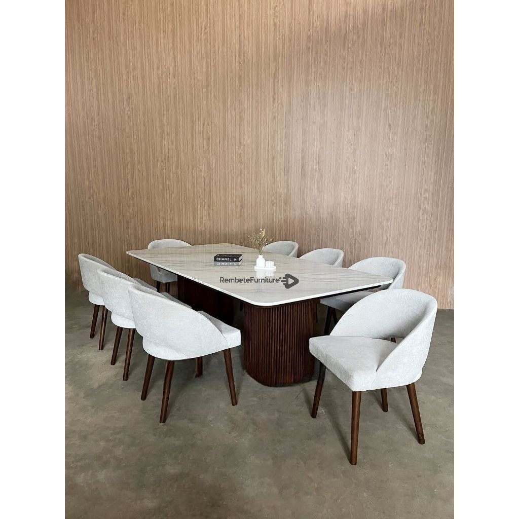 Set Meja Makan 8 Kursi Dining table Cat Duco putih Meja Makan Marmer Top Table Marble