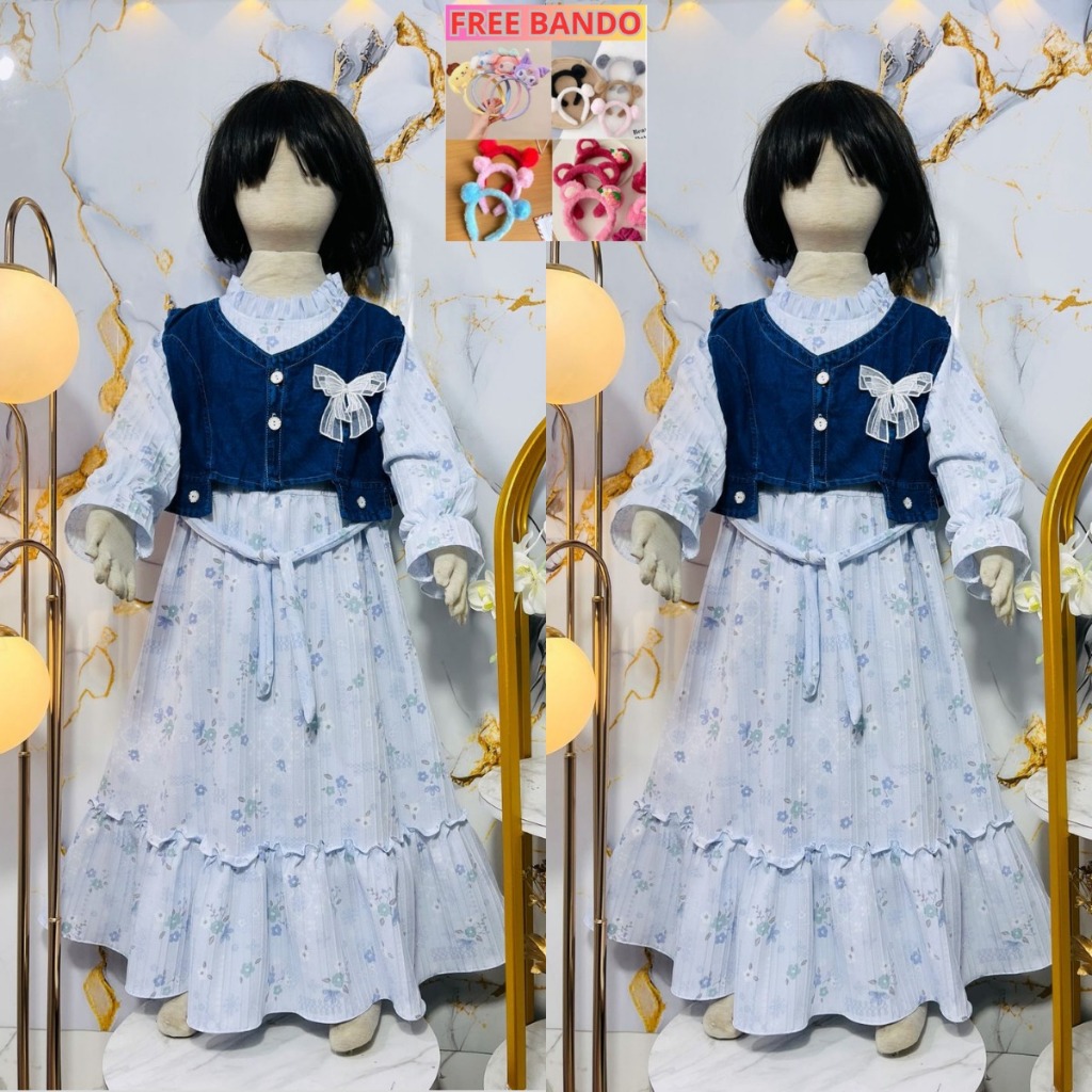 ( Free Bando Karakter ) Dress Anak Jeans Rompi Anak Perempuan Usia 3 - 10 Tahun Gamis Rompi Jeans Ba