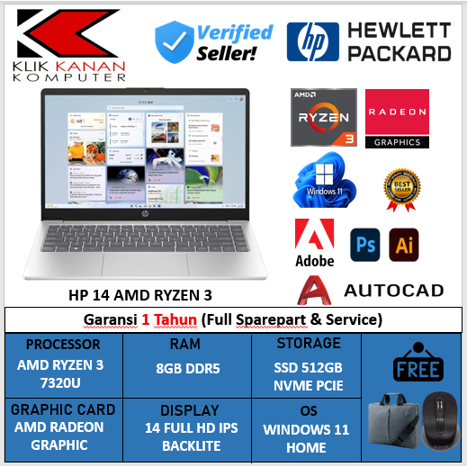 LAPTOP TERBARU HP 14 AMD RYZEN 3 7320U 8GB DDR5 512GB 14.0 FHD IPS WIN11HOME SILVER