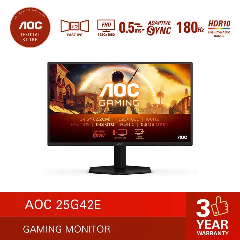 Monitor LED AOC 25G42E Adaptive Sync 24.5" Fast-IPS 180Hz FHD 0.5MS HDR10