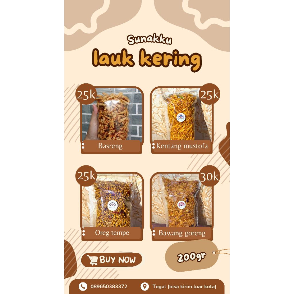 

lauk kering kentang mustofa, oreg, bawang goreng, basreng