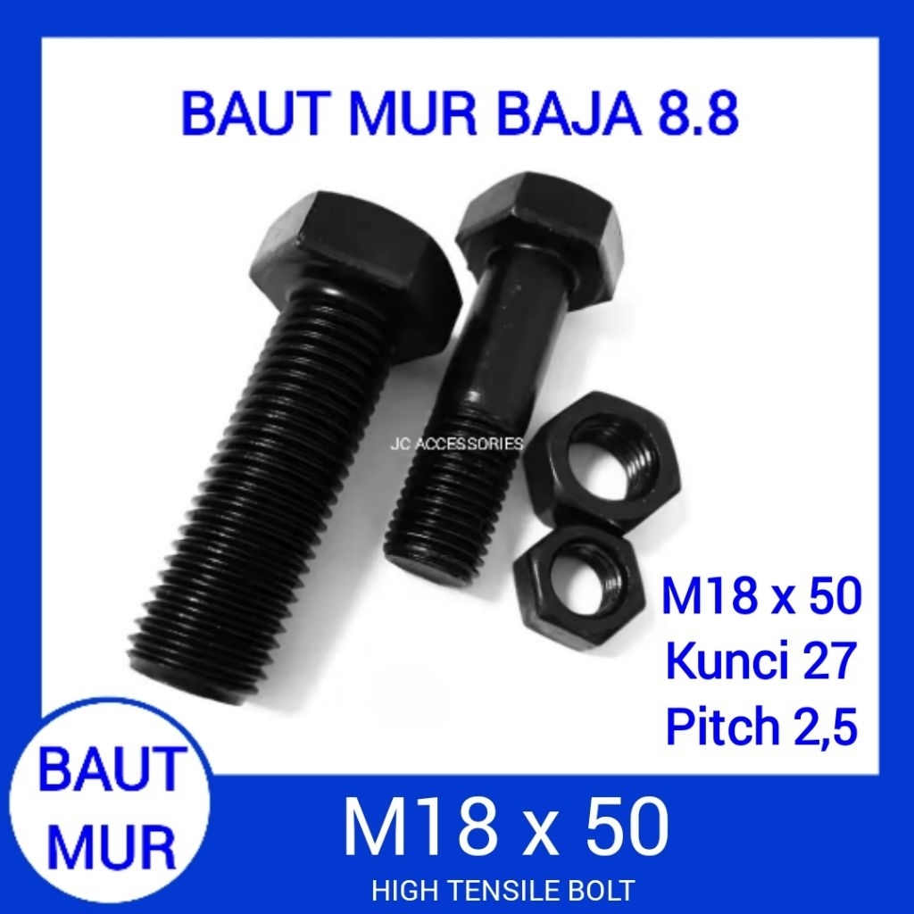 BAUT MUR BAJA 8.8 M18X50 M18X60 M18X100 M18X150 FULL DRAT KUNCI 27 PITCH 2,5 HIGH TENSILE BOLT HTB H