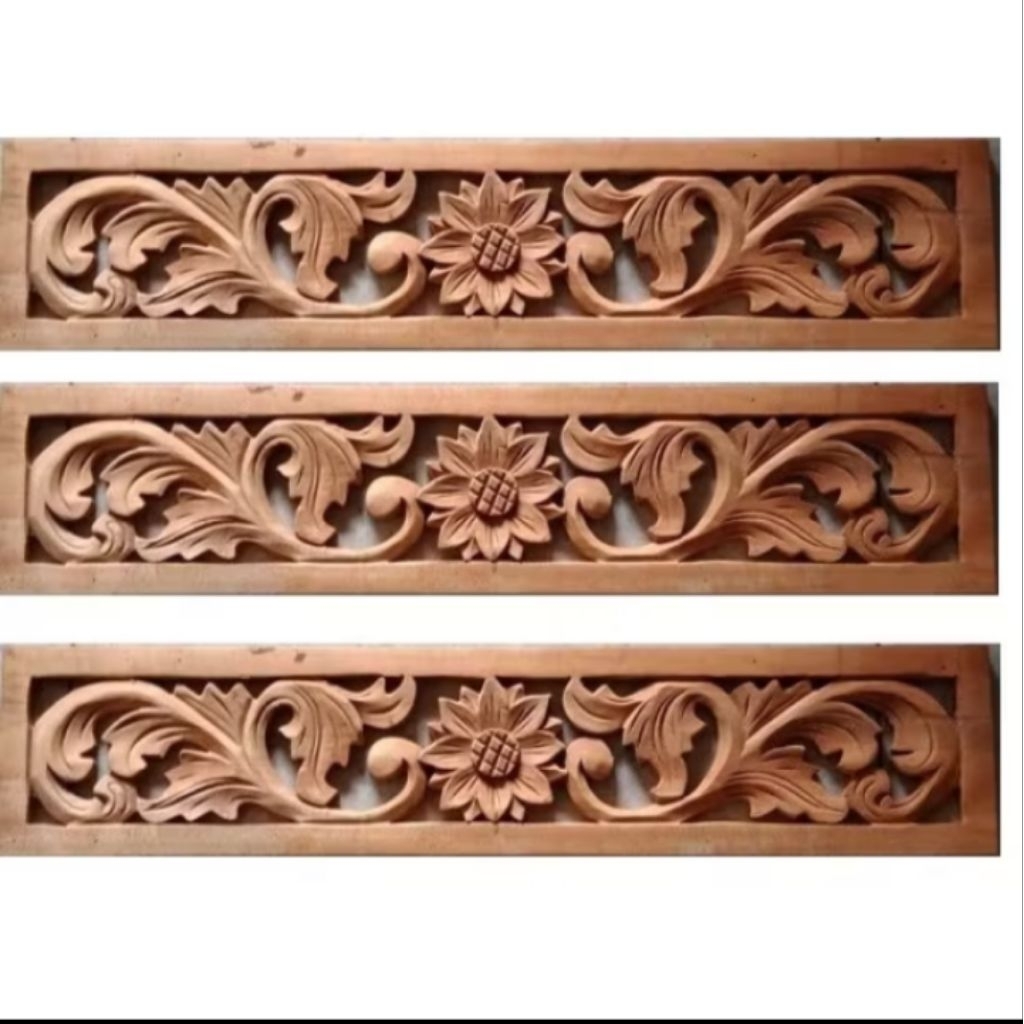 Kayu Jati 60 X 13 cm Dekorasi Dinding Ornamen Ukir Tempel Kepingan Loster Motif Daun Matahari