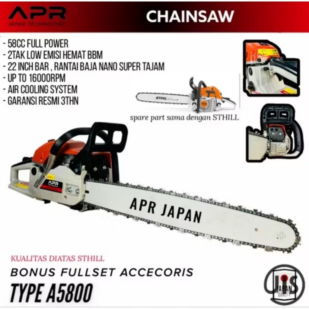 READY PROMO CHAINSAW APR AP5800 JAPAN TECHNOLOGY 22 Inch Mesin Gergaji Pemotong Kayu Pohon APR Senso