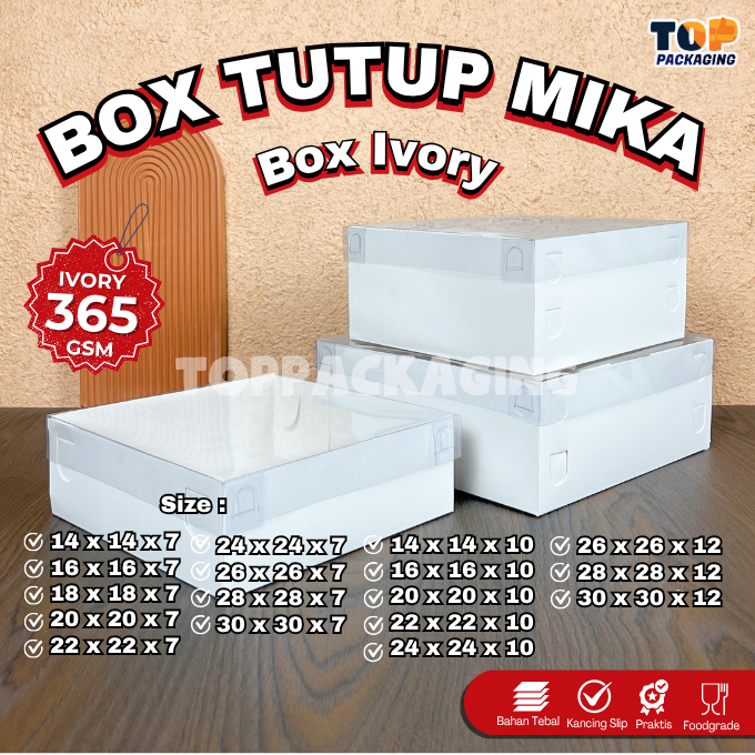 

Box Ivory Tutup Mika Full Kotak Putih Kemasan Makanan Kue Tart Pudding Bingkisan Souvenir 365 GSM