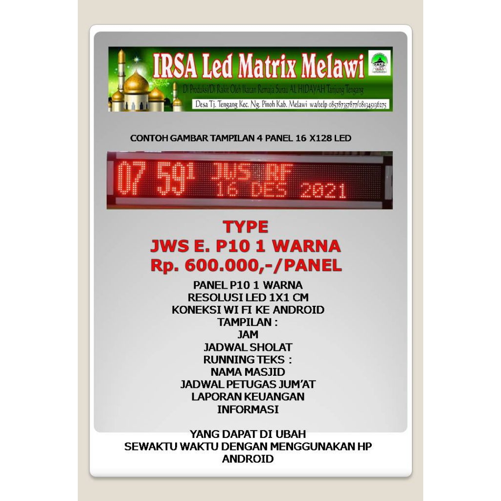 JAM MASJID DIGITAL P10 (1WARNA)