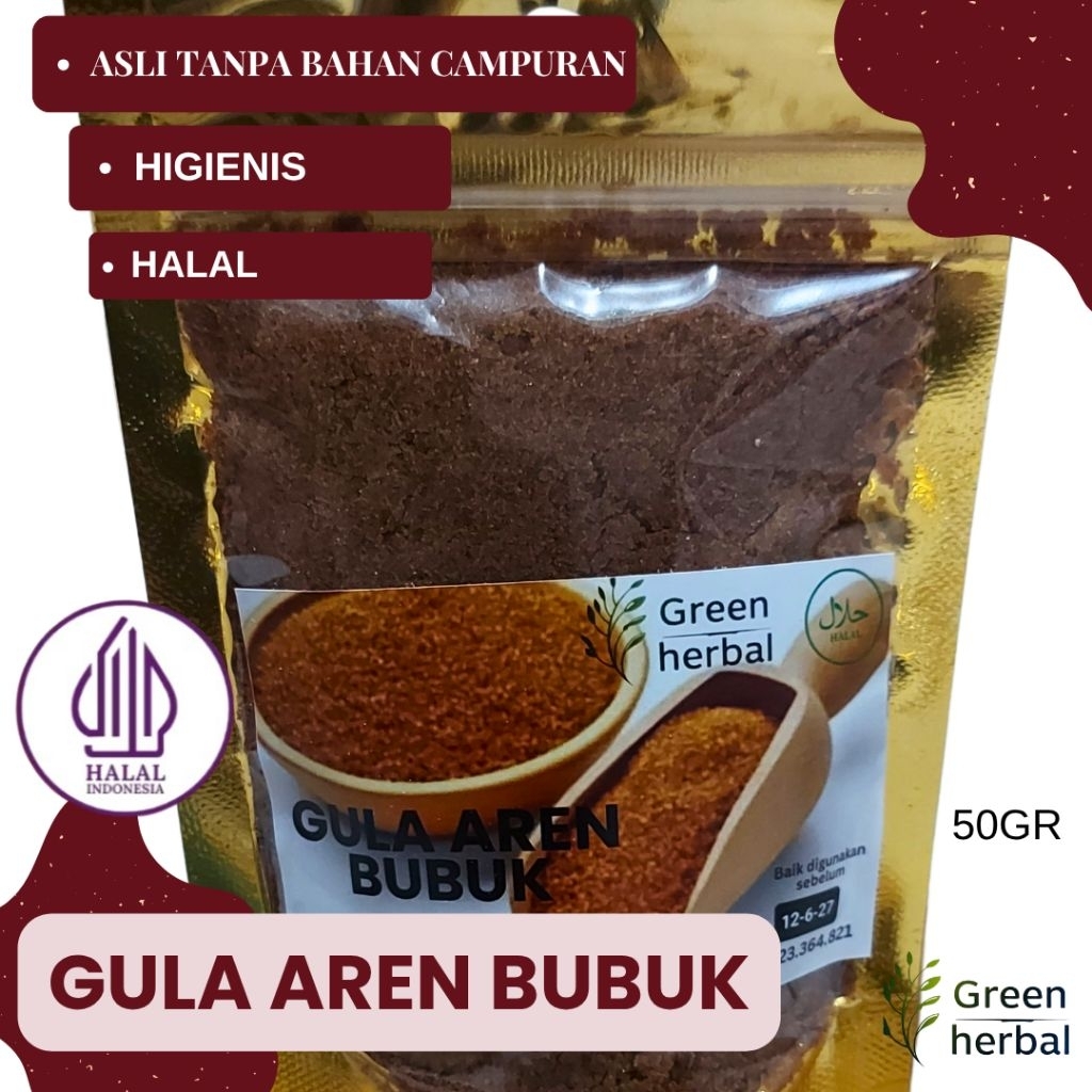 

Gula Aren Bubuk 50gr murni asli untuk pemanis alami minuman jamu rempah. Green Herbal.