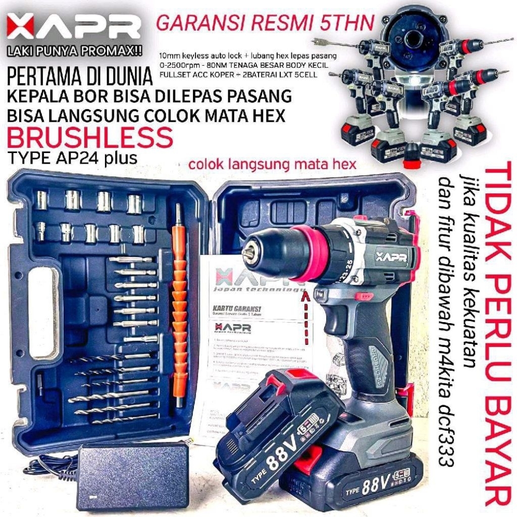 APR24PLUS BOR BRUSLESS driver 10mm keyless auto lock type AP24PLUS fullset accecoris MESIN BOR24PLUS