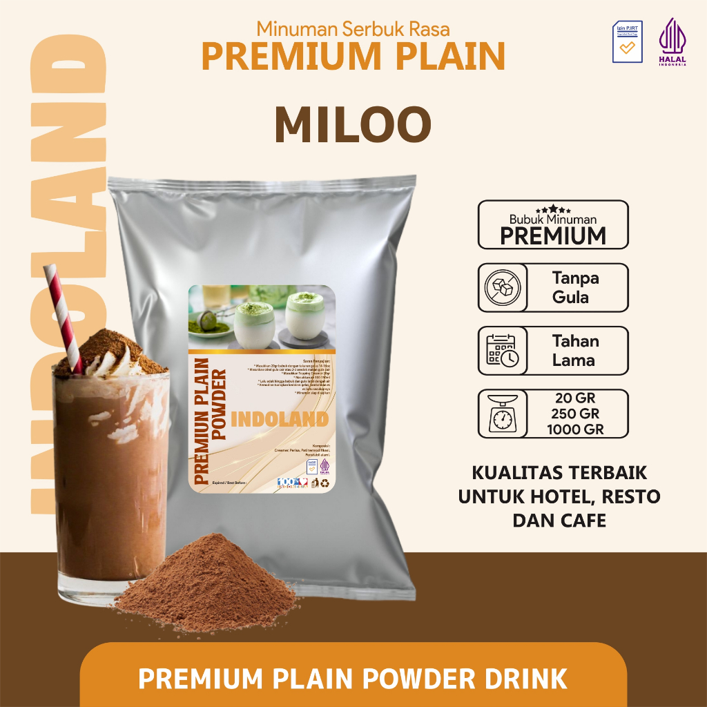 

Bubuk Minuman Plain Premium Tanpa Gula Rasa Miloo Plain Powder Drink No Sugar Indoland 250 gram / 1 kg