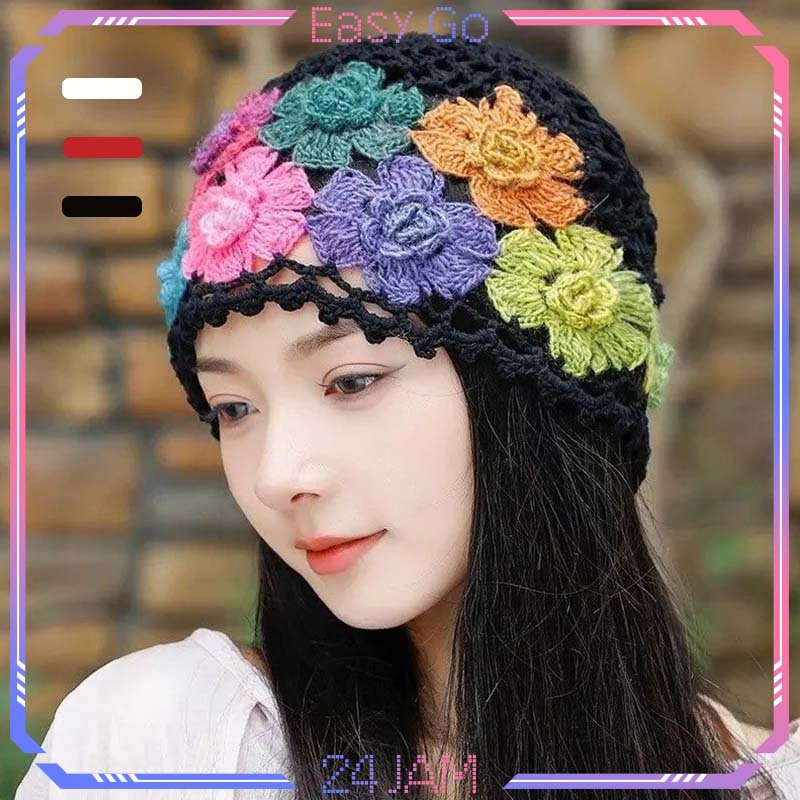 Topi Rajut Tangan Topi Rajut Wanita Korea Kupluk Rajut Wanita Hollow Flower Woolen Hat Bohemian Topi