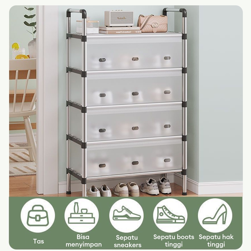 Rak Sepatu Tertutup Tahan Debu 3-7 Susun Rak Sepatu Stainless Kuat Tebal Kokoh Rak Sepatu Minimalis
