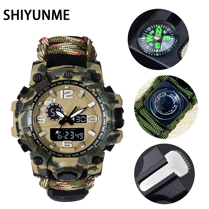 SHIYUNME Jam Tangan Pria Multifungsi Tahan Air Taktis Militer Paracord Jam Tangan Kompas Termometer 
