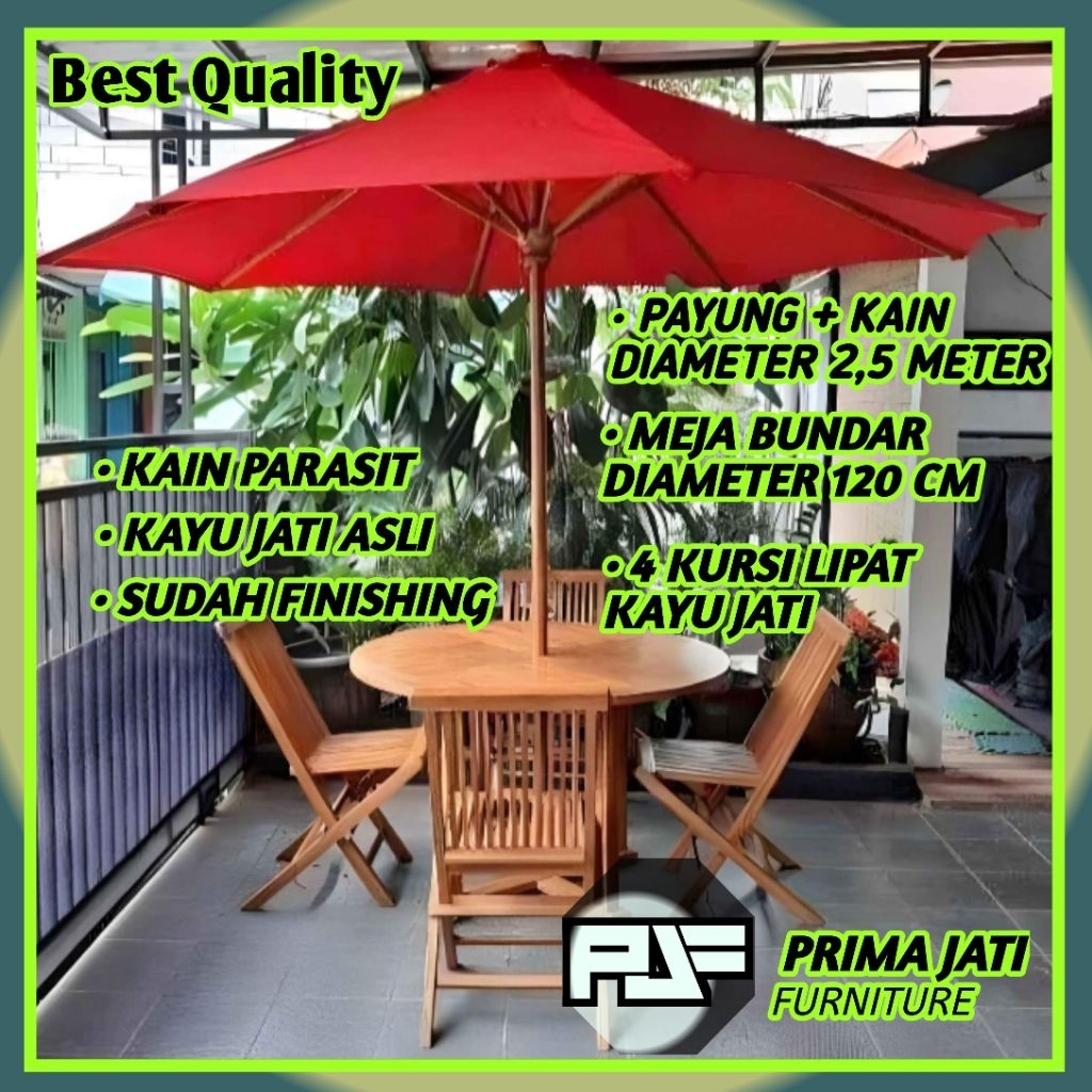 Set Meja Payung Taman cafe Outdoor Tenda Payung Cafe Kayu Jati 4 Kursi Lipat Jati

