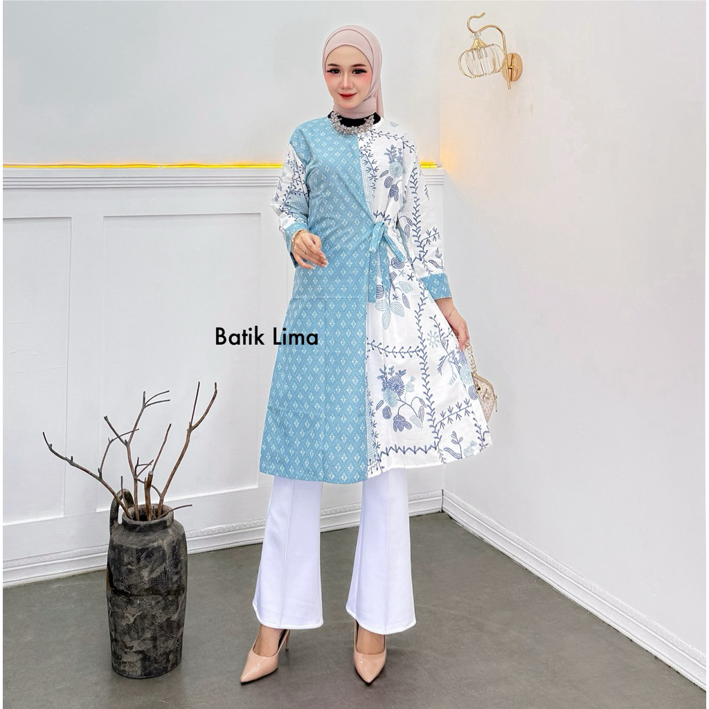 pengiriman cepat Tunik Batik Wanita Modern Atasan Fashion Muslim Wanita Baju Batik Wanita Panjang (
