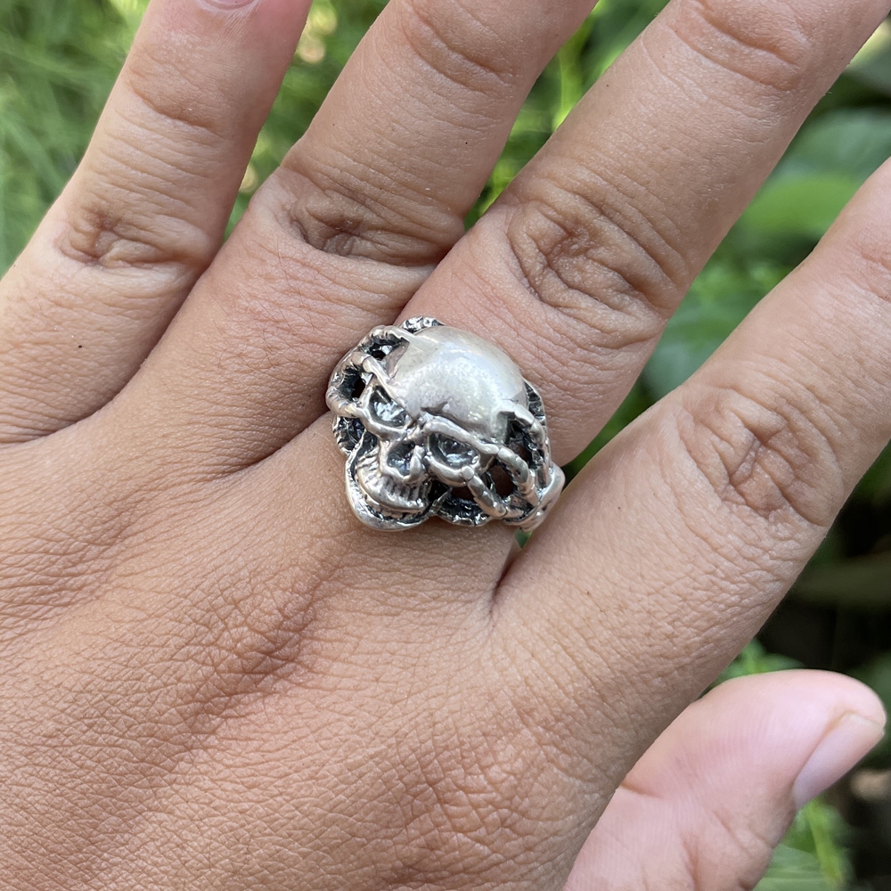 Cincin Ring Perak Bali Silver 925 Ukir Tengkorak Skull Cakar Tangan Lebar Etnik Pria Laki Wanita Cus