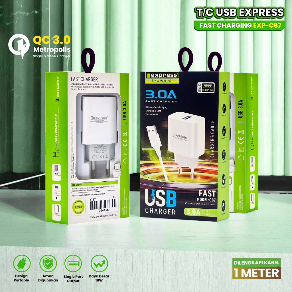T/C USB PORTABLE EXPRESS SUPER FAST CHARGING EXP-C87 / CHARGER HANDPHONE SINGLE PORT QUICK CHARGING 