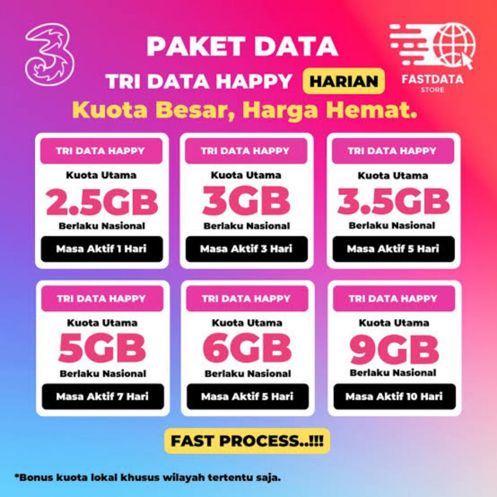 ISI ULANG KUOTA TRI HARIAN || 2GB 3GB 5GB 6GB 4,5GB 10GB 15GB