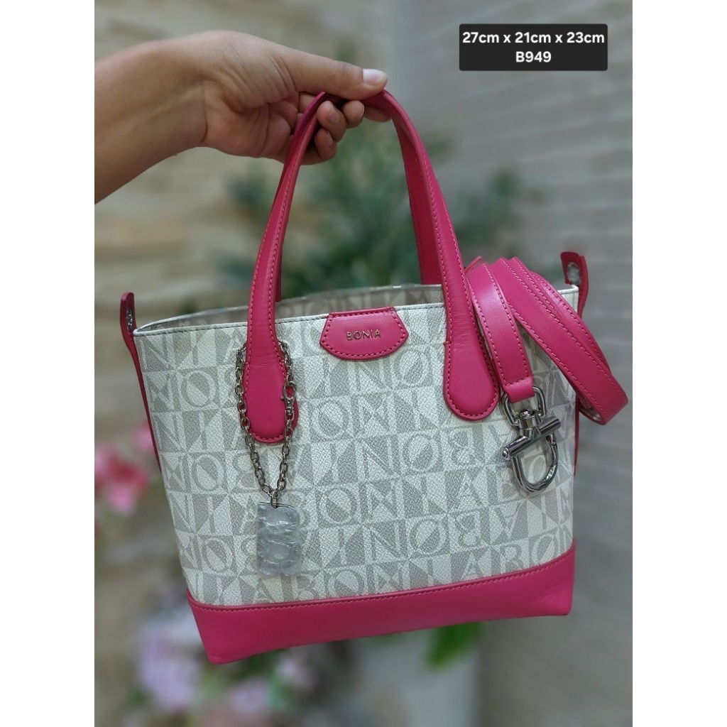tas tabung 3 ruang mono putih tali pink Bonia ori