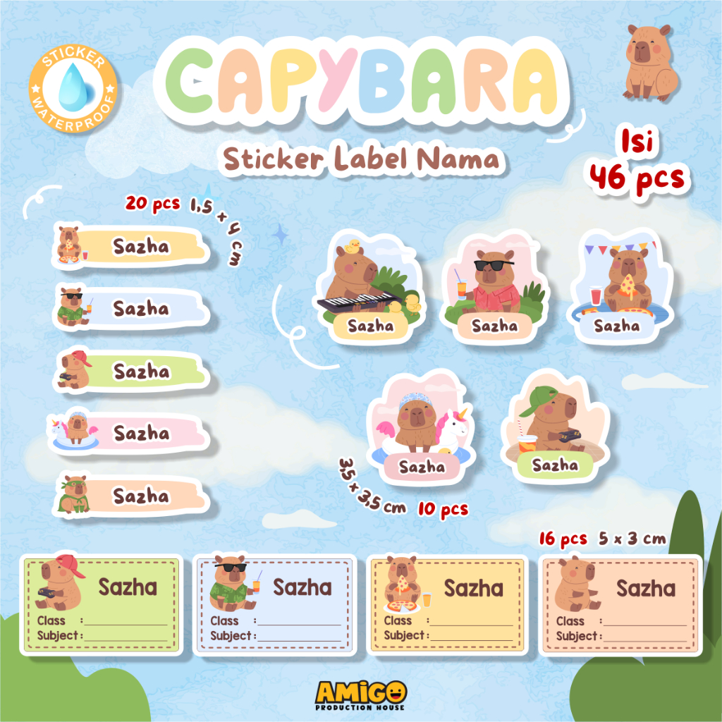 

Stiker Label Nama Capybara 46pcs Sticker Label Anak Anti Air Custom Capy Bara Waterproof