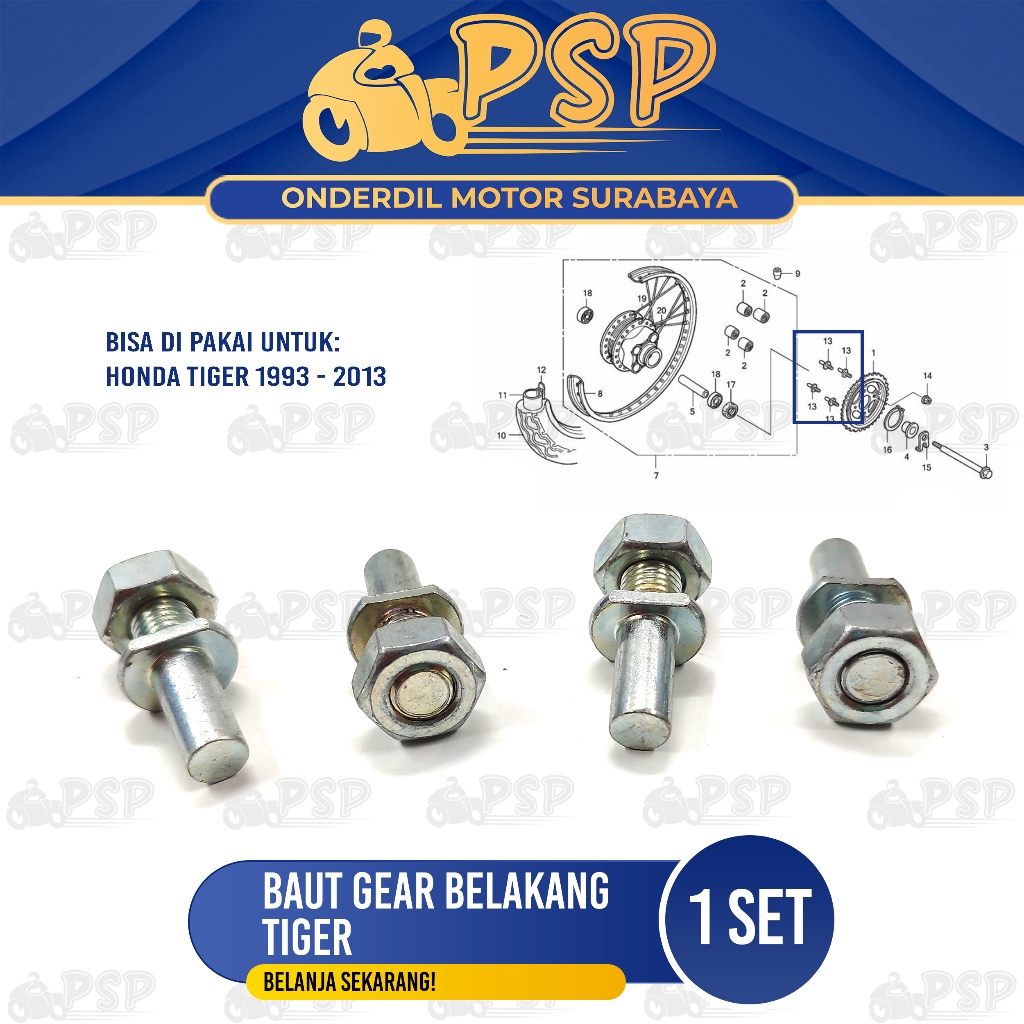 Baut Ger Belakang Tiger (Putih) (Set Isi 4) - Baud Gear Belakang Honda Tiger Lama Tilam Tiger Revo