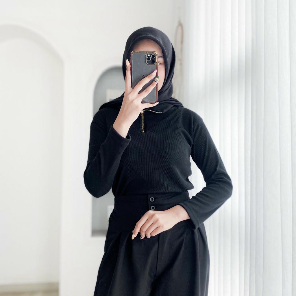 TOP RIB KNIT ZIPPER-Atasan Wanita Kerah Longsleeve kerah resleting