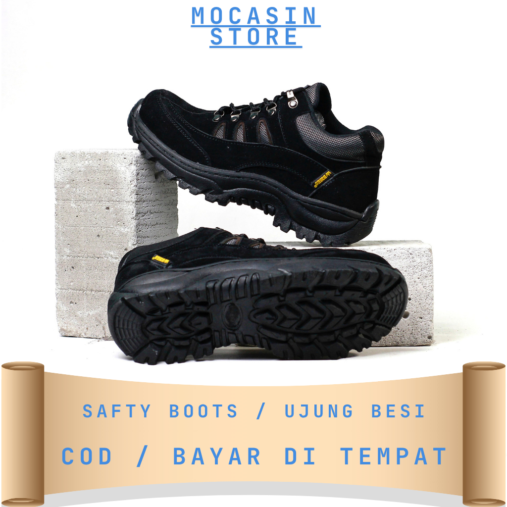 Mocasin Pedro - Sepatu Boot Tracking Pria Kerja Proyek Sepatu Safety Ujung Besi Warna Hitam Abu