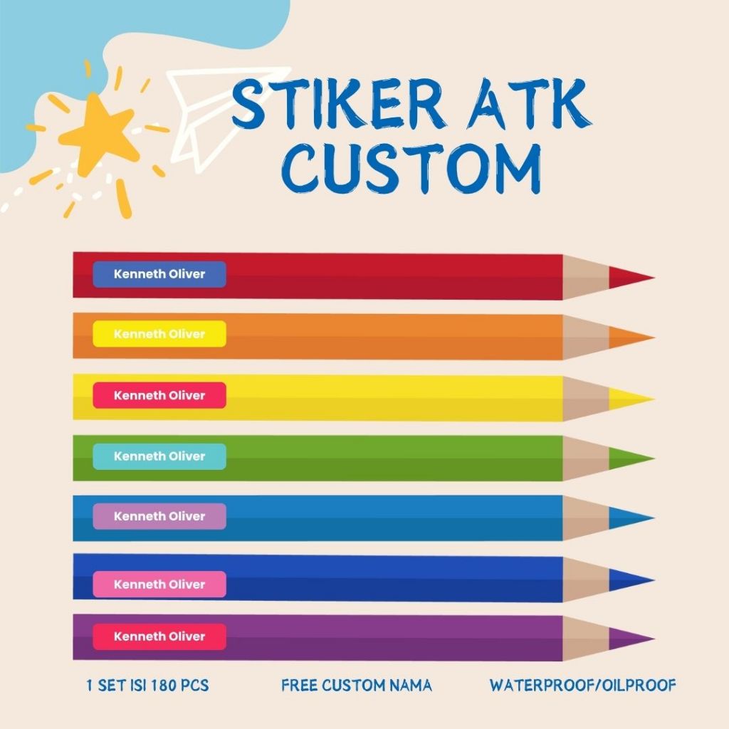 

Stiker Label Nama Peralatan Tulis dan ATK, stiker nama pensil, stiker nama pulpen, stiker nama ATK